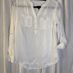 Talbots 100% LINEN Women's White 1/2 button up top